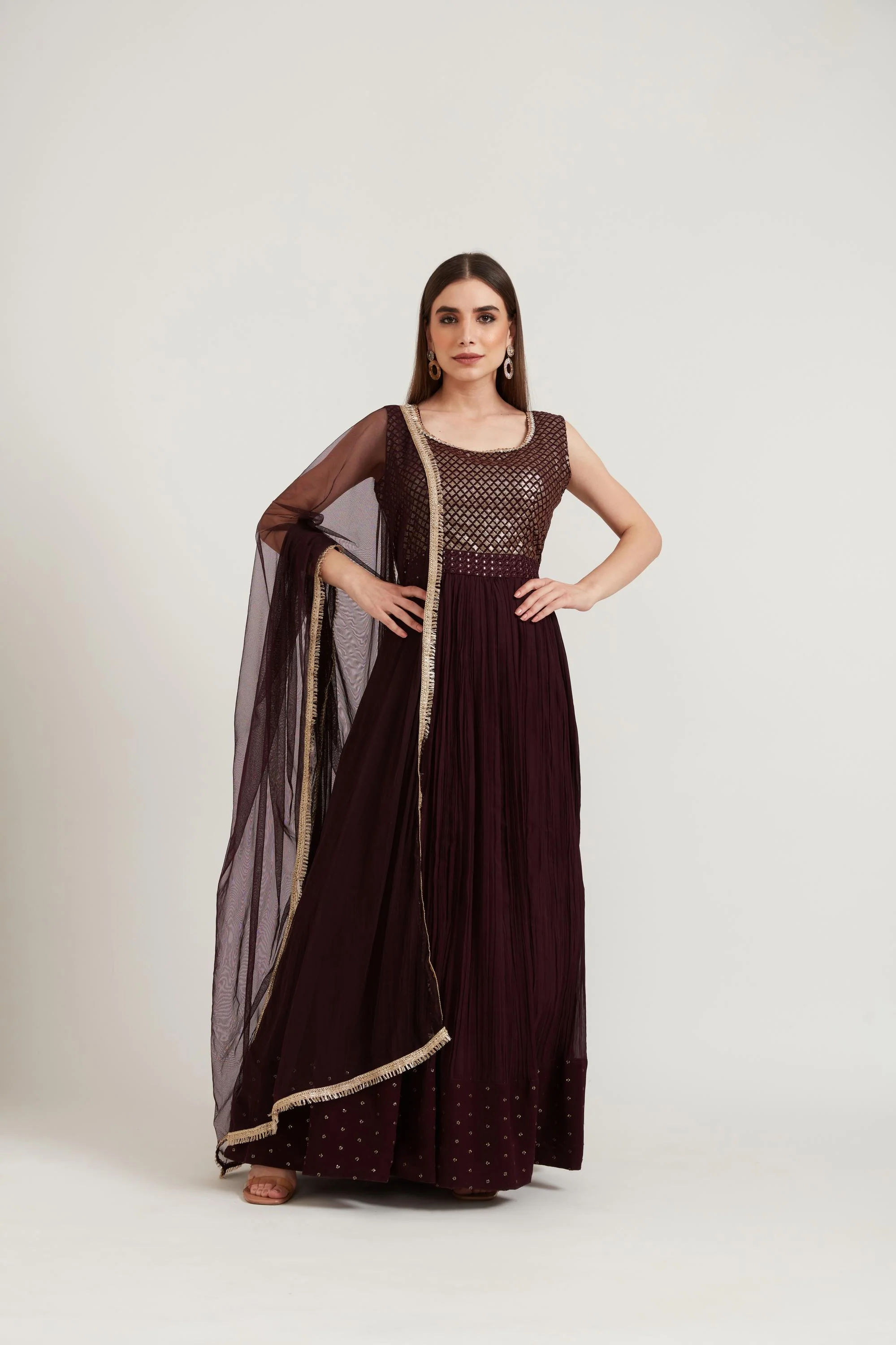 Neerus Wine Color Georgette Fabric Anarkali Suit