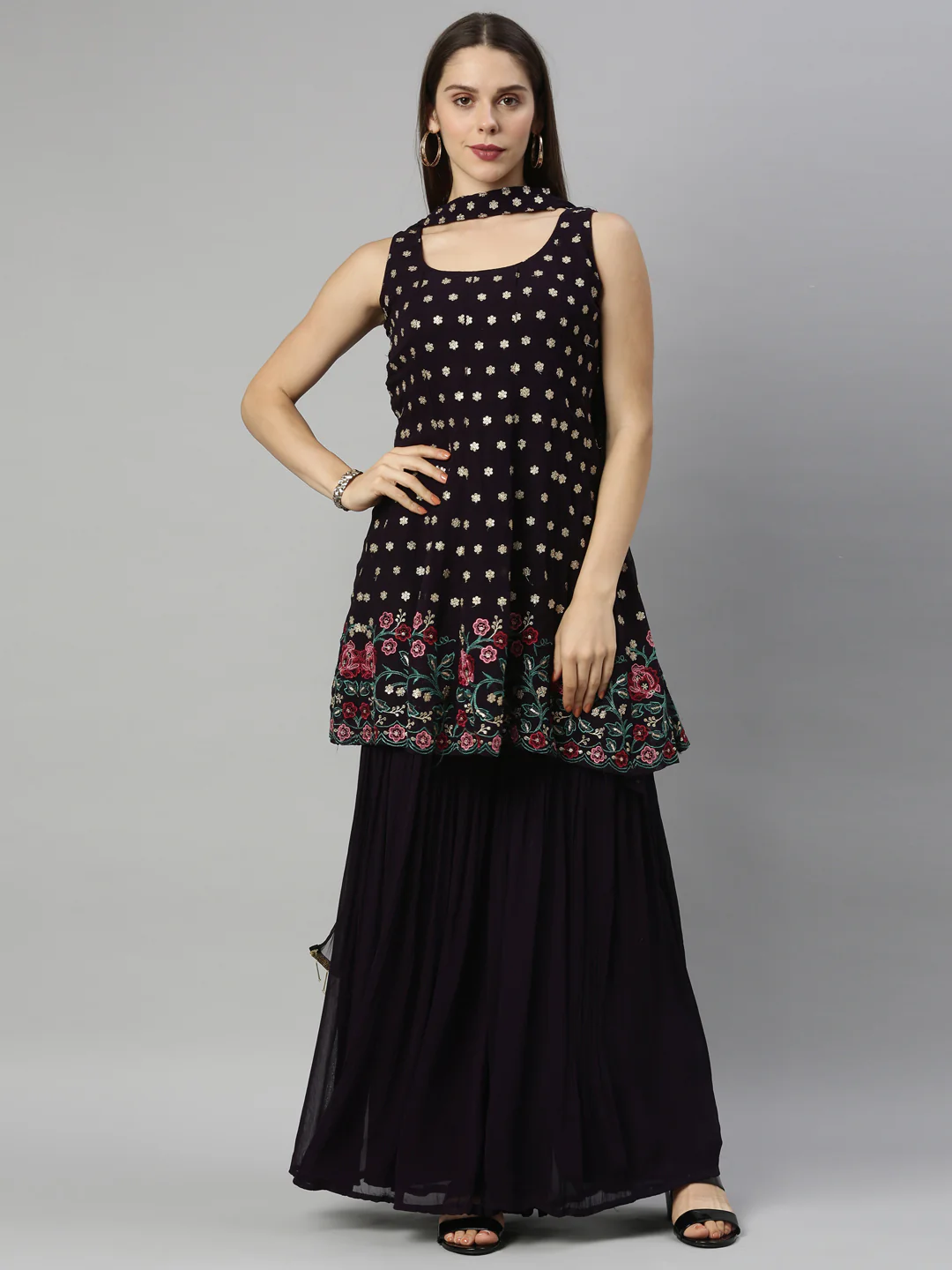 Neerus Wine Color Georgette Fabric Suit-Short Anarkali