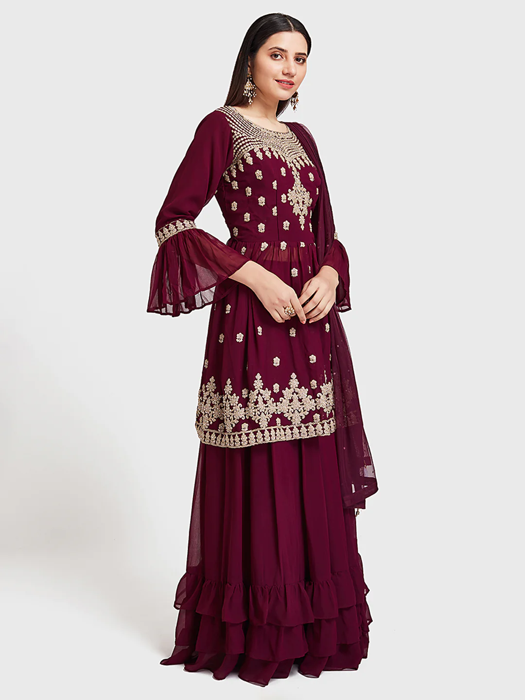Neerus Wine Color Georgette Fabric Suit-Short Anarkali