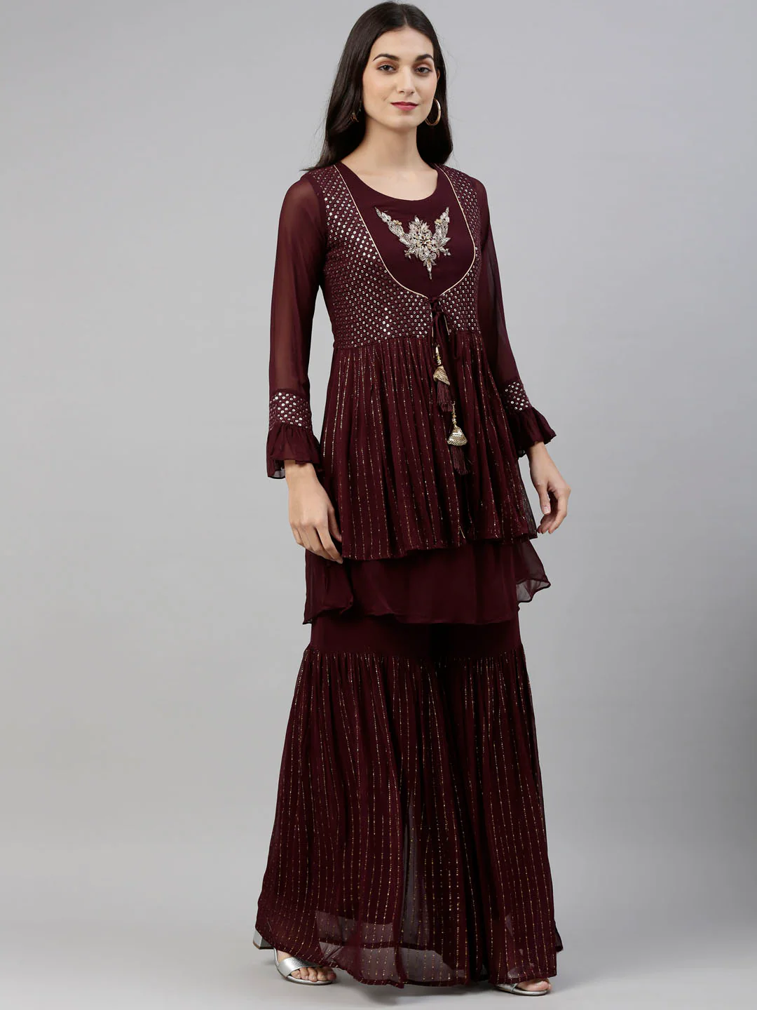 Neerus Wine Color Georgette Fabric Suit-Short Anarkali - Image 3
