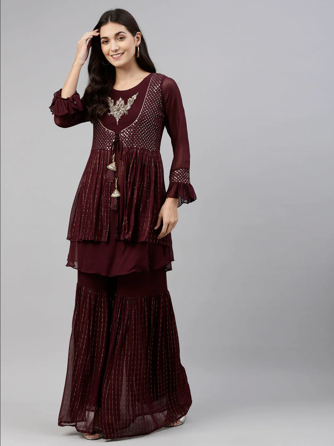 Neerus Wine Color Georgette Fabric Suit-Short Anarkali - Image 5
