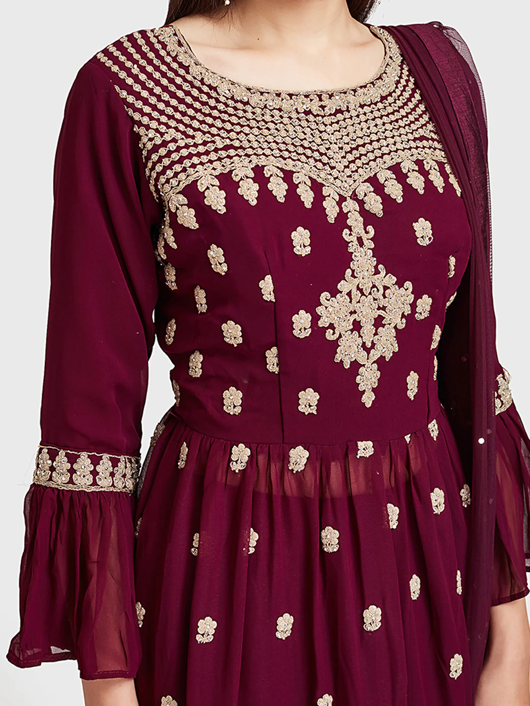 Neerus Wine Color Georgette Fabric Suit-Short Anarkali - Image 3