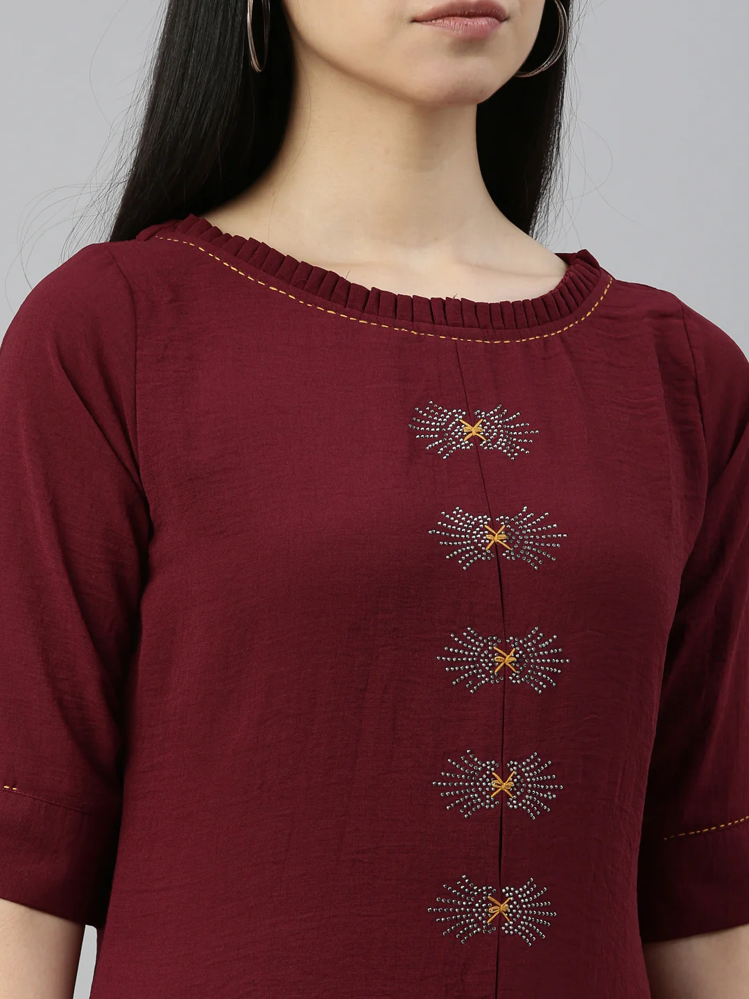 Neerus Wine Color Mouse Crepe Fabric Kurta - Image 7