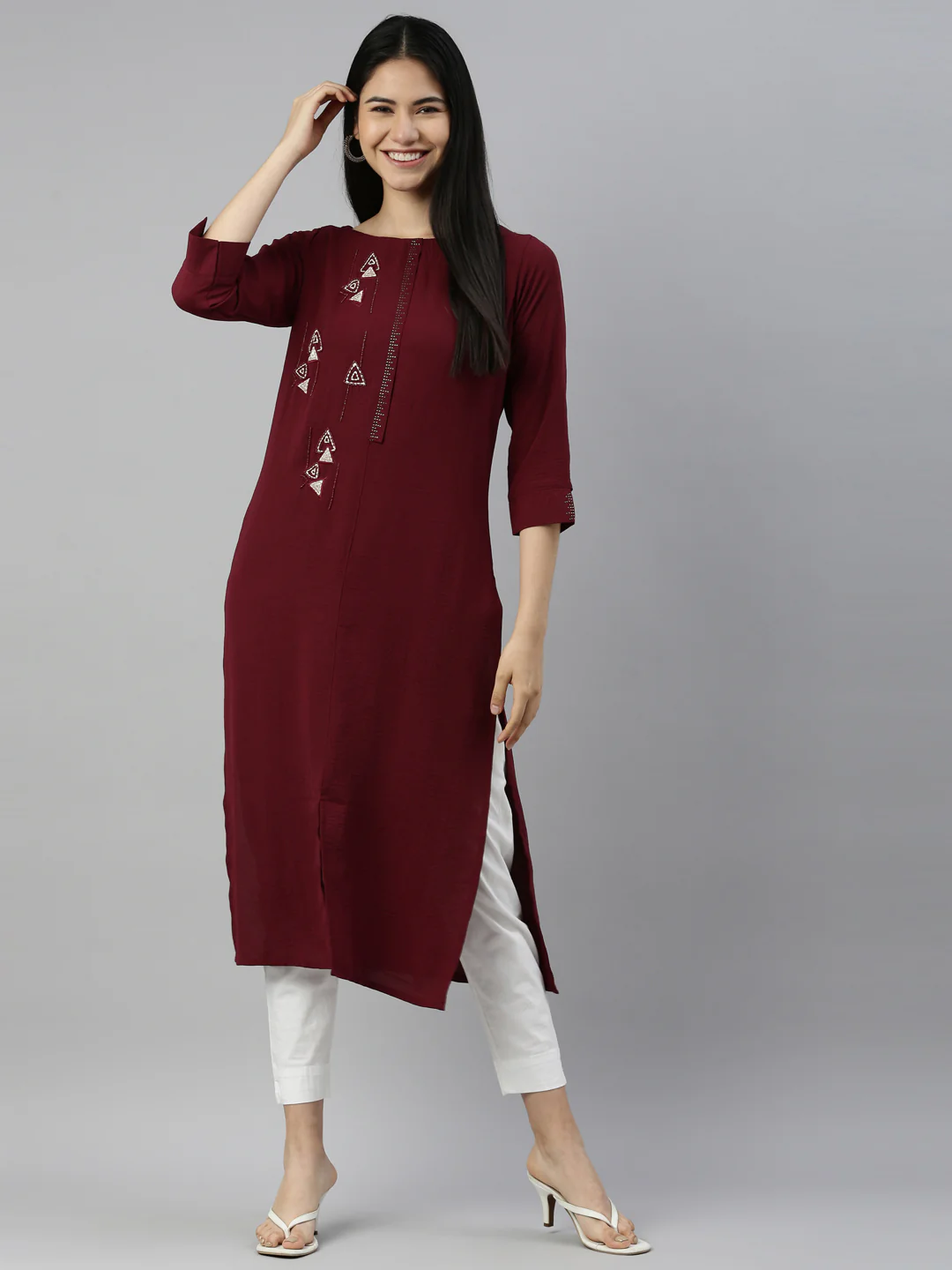 Neerus Wine Color Mouse Crepe Fabric Kurta - Image 5