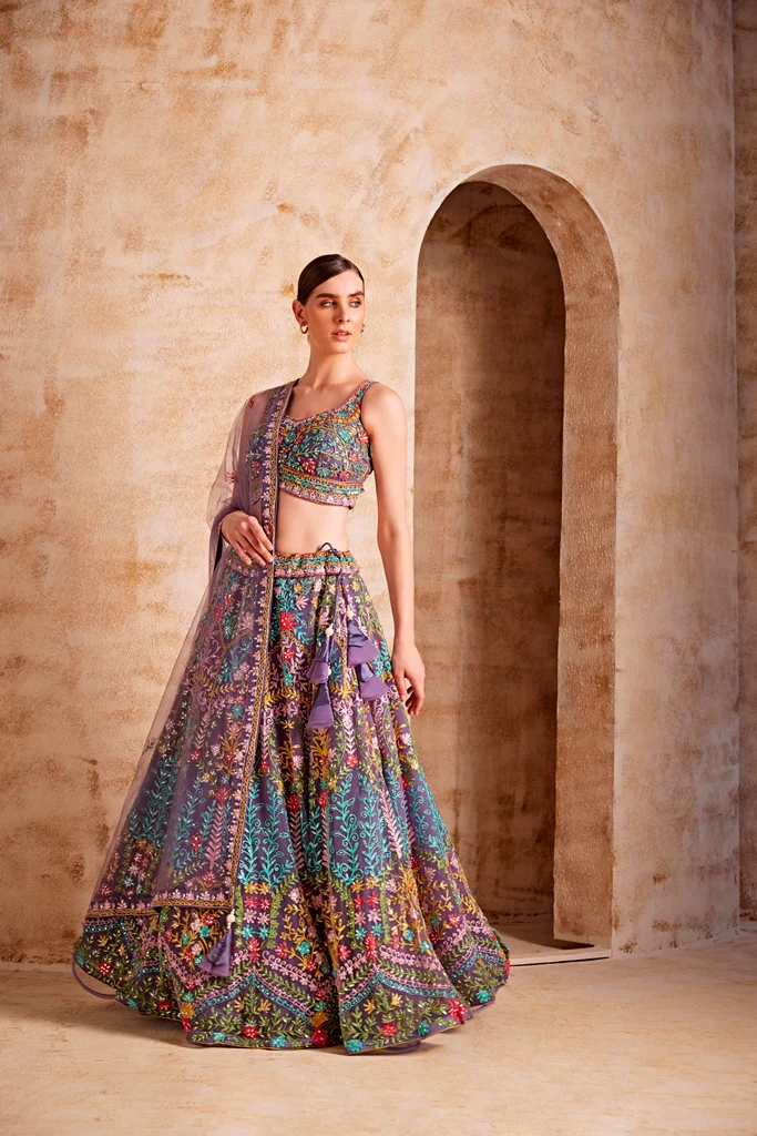 Neerus Wine Color Nett Fabric Embroidered Ghagra Set