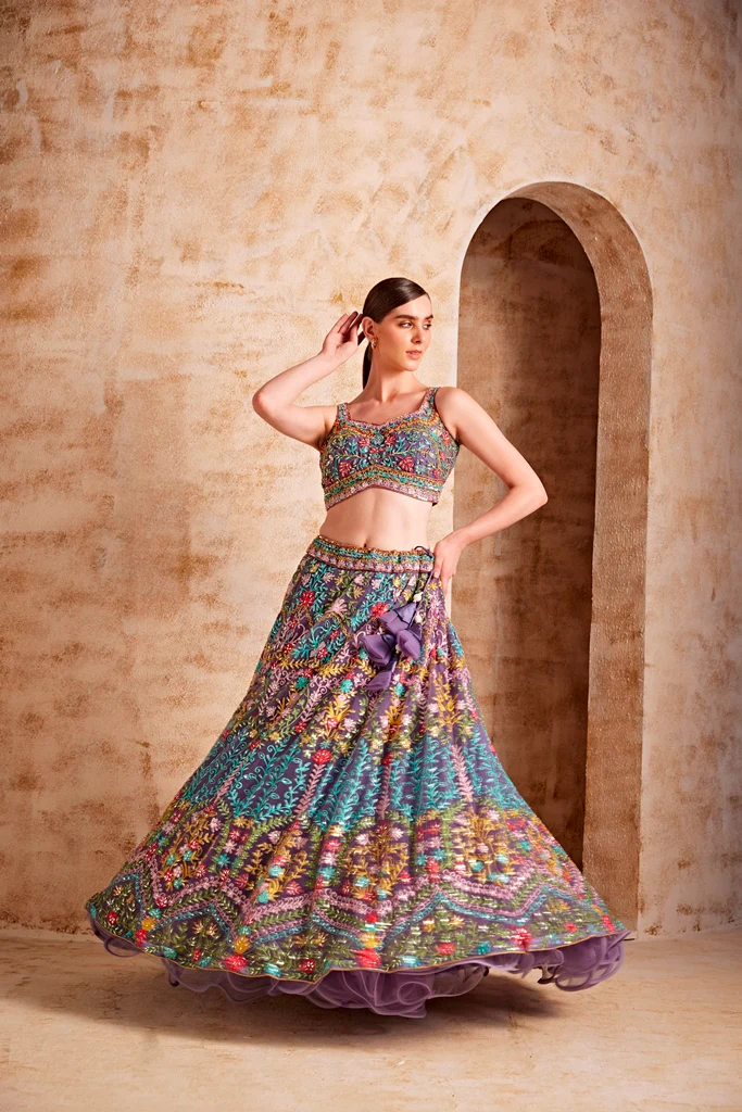 Neerus Wine Color Nett Fabric Embroidered Ghagra Set - Image 3