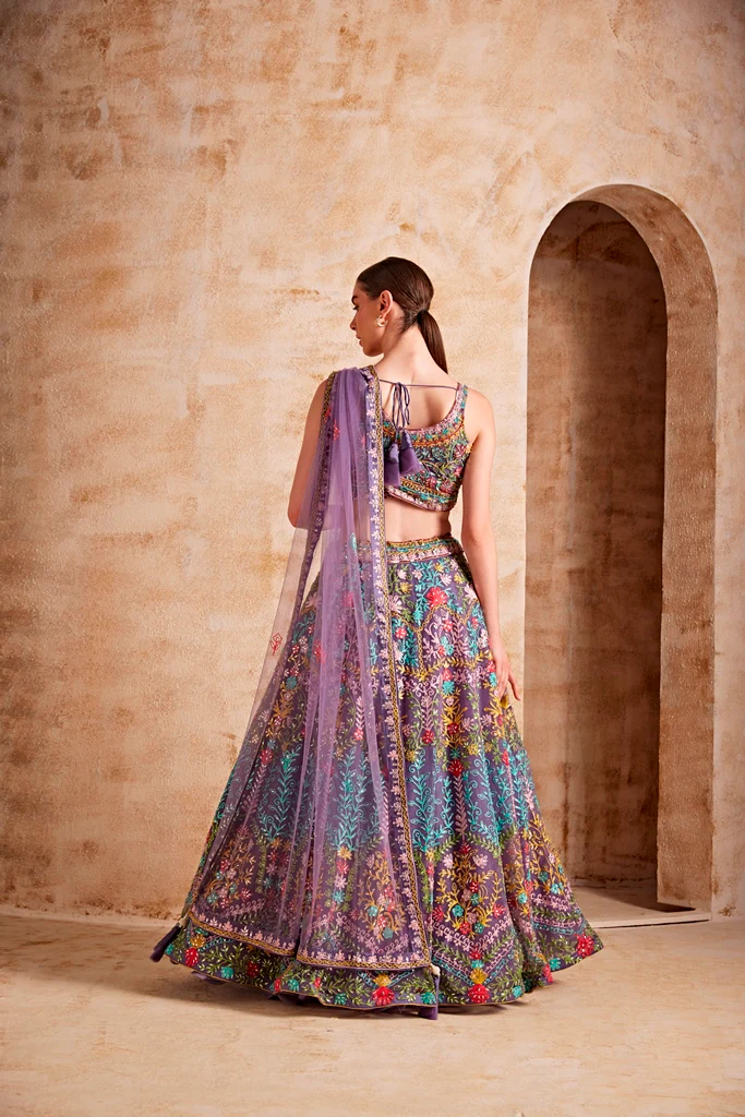 Neerus Wine Color Nett Fabric Embroidered Ghagra Set - Image 4