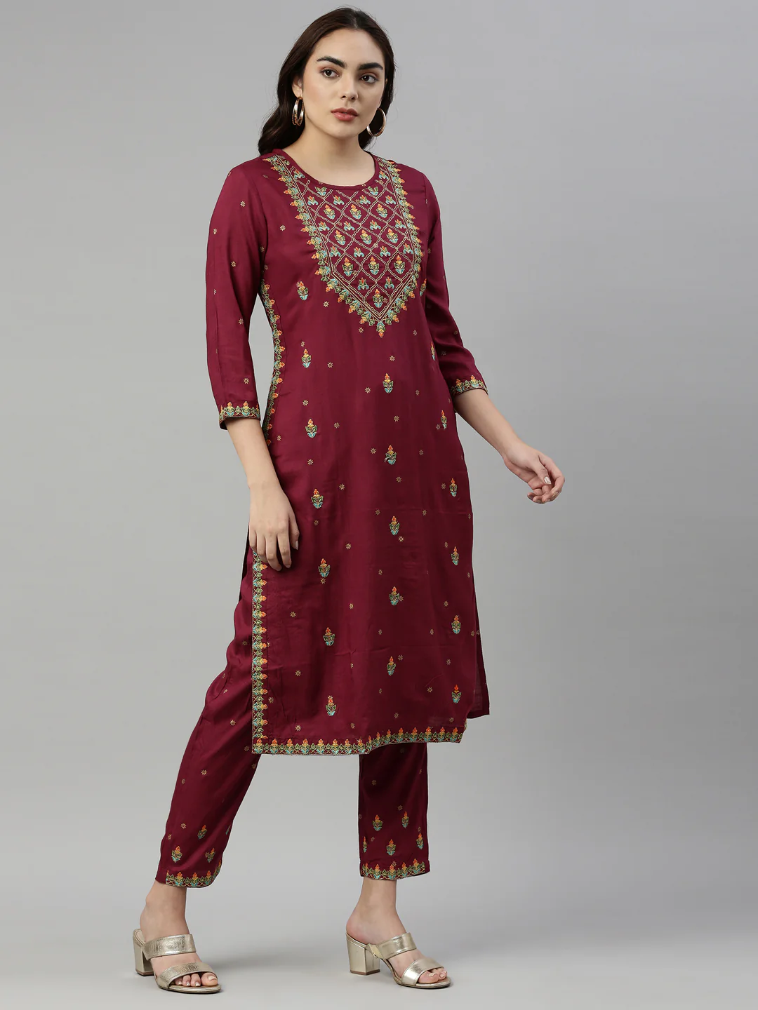 Neerus Wine Color Rayon Fabric Kurta - Image 3