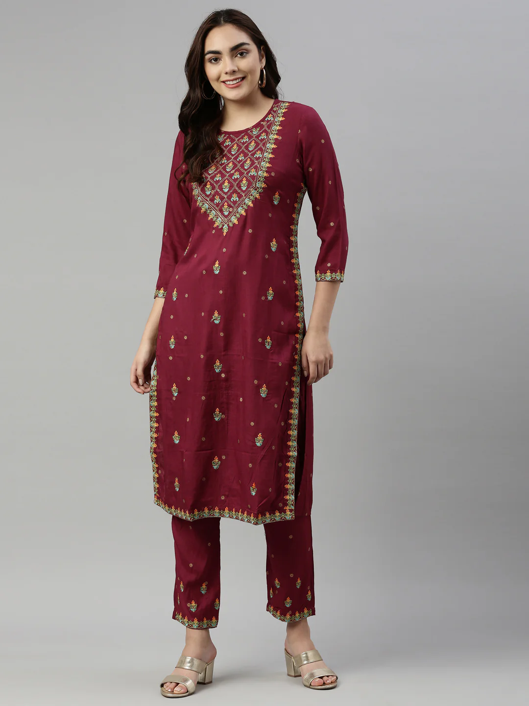 Neerus Wine Color Rayon Fabric Kurta - Image 5