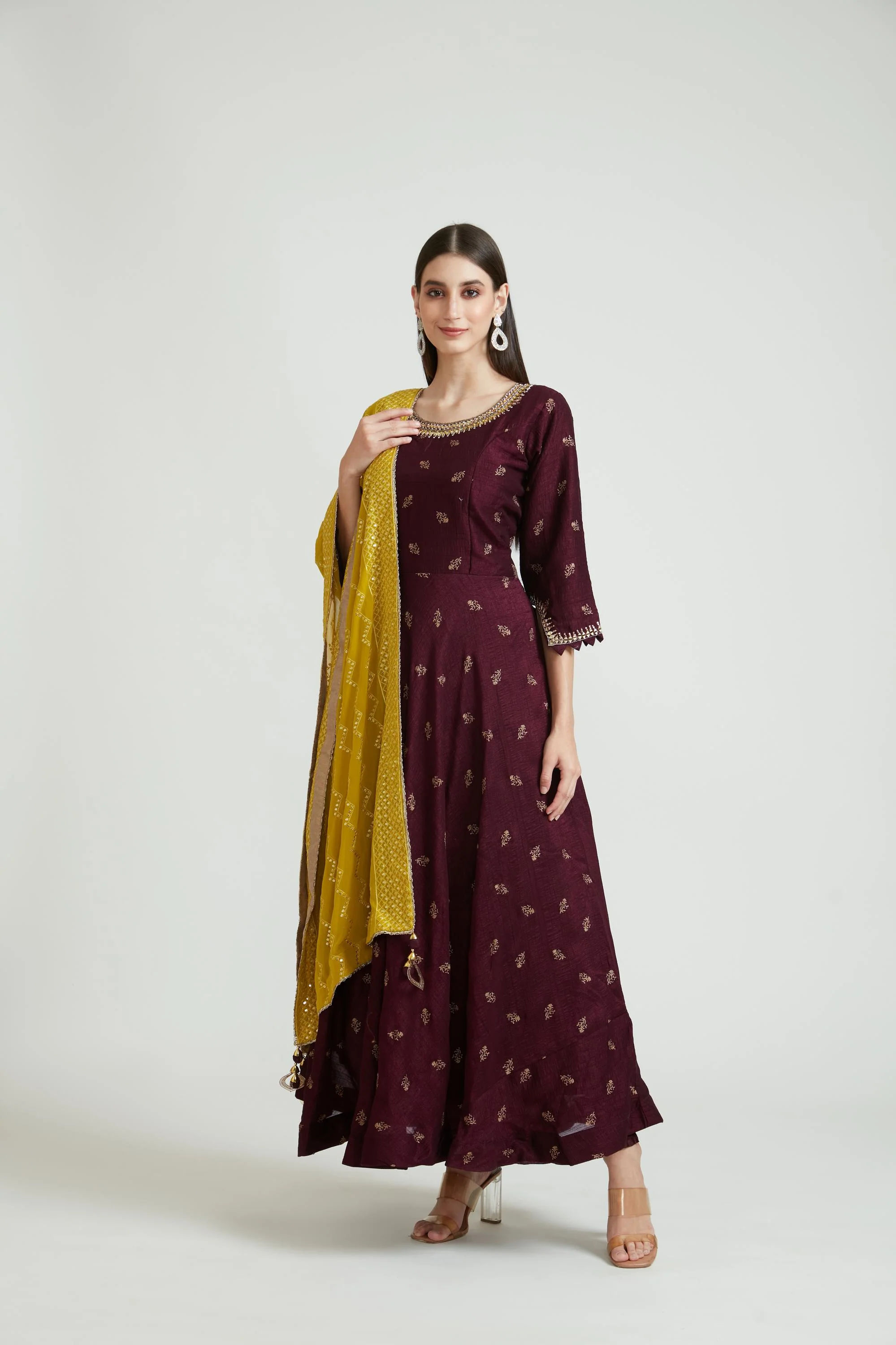 Neerus Wine Color Silk Fabric Anarkali Suit Set - Image 2