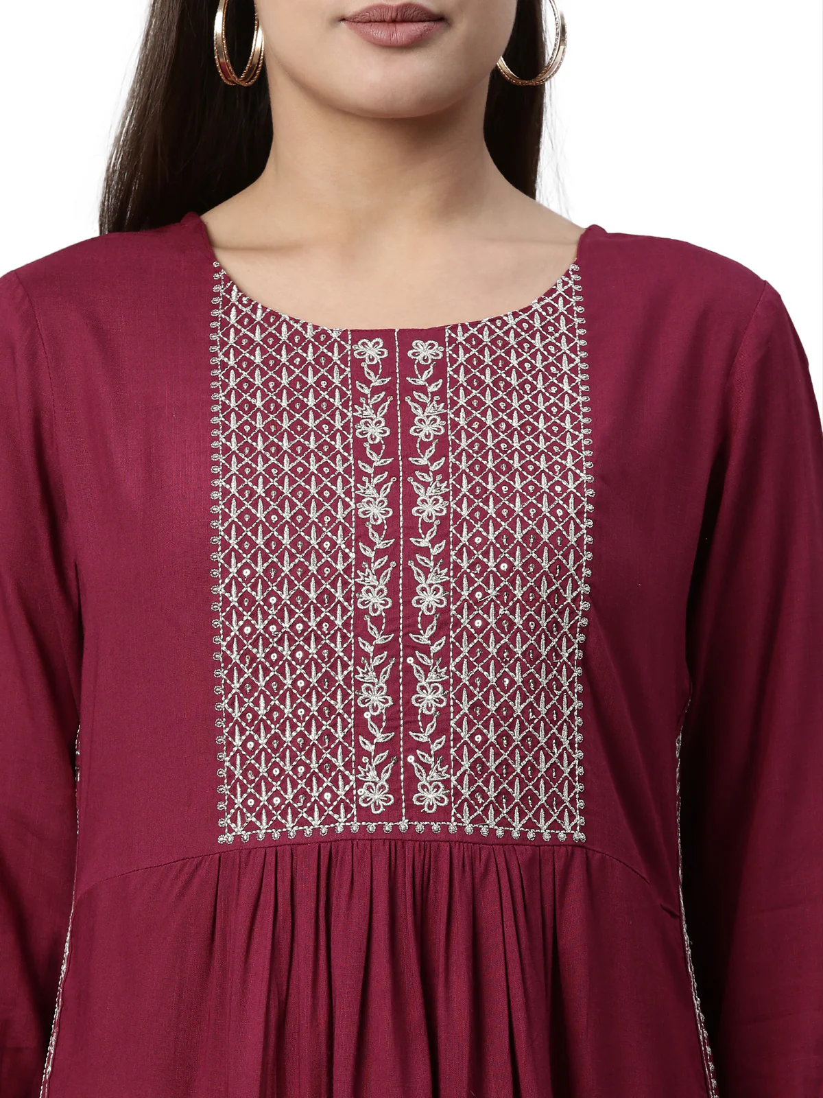 Neerus Wine Color Slub Rayon Fabric Kurta - Image 2