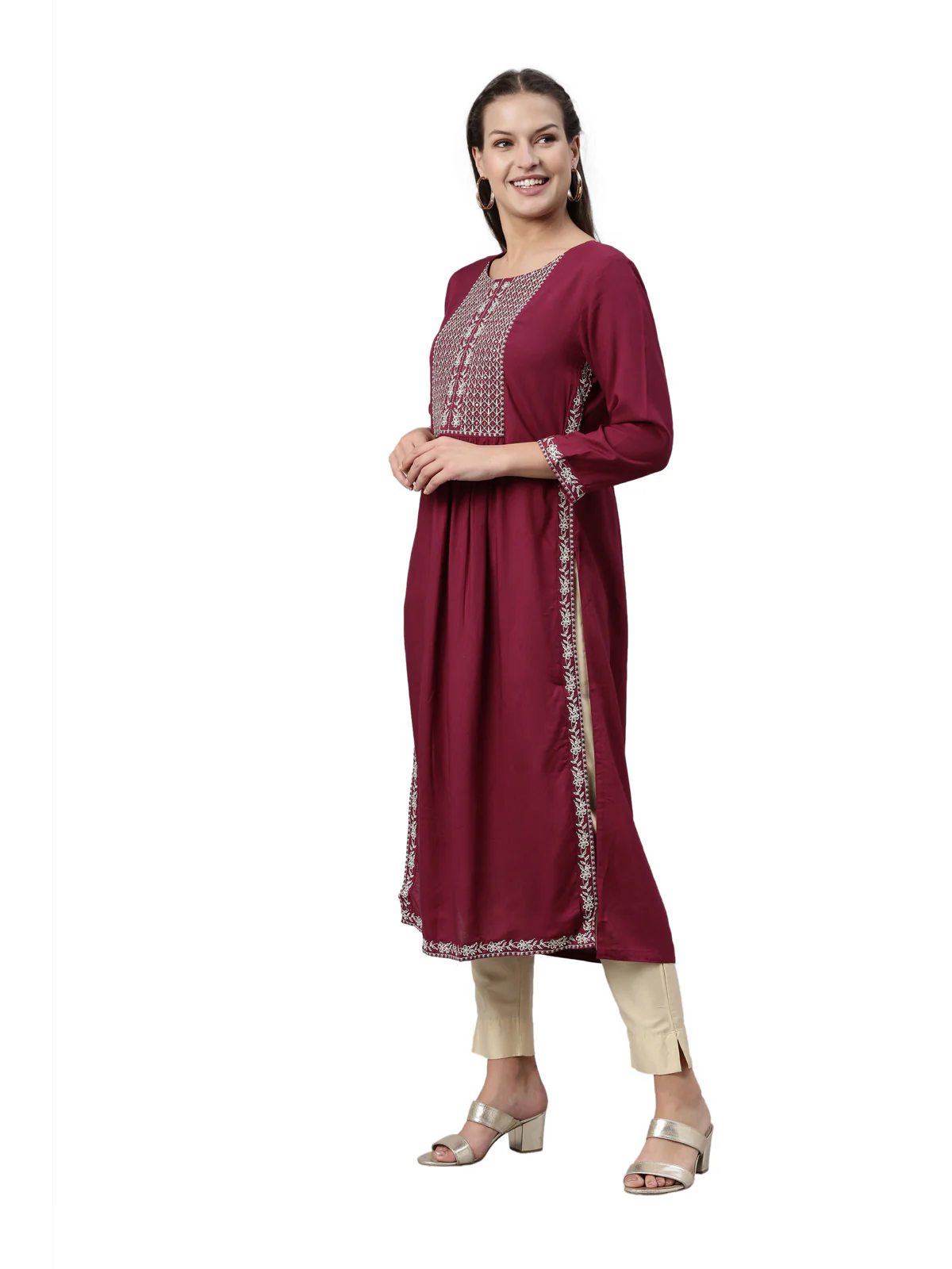 Neerus Wine Color Slub Rayon Fabric Kurta - Image 3