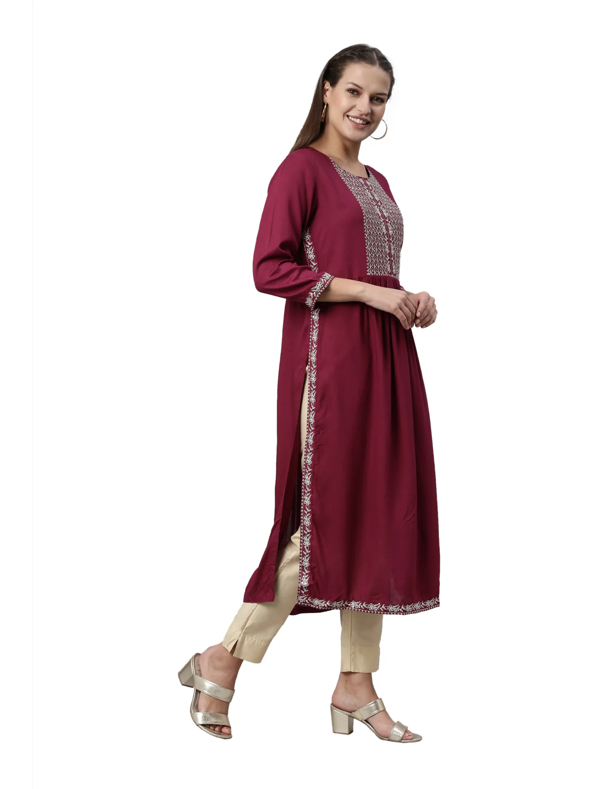 Neerus Wine Color Slub Rayon Fabric Kurta - Image 4