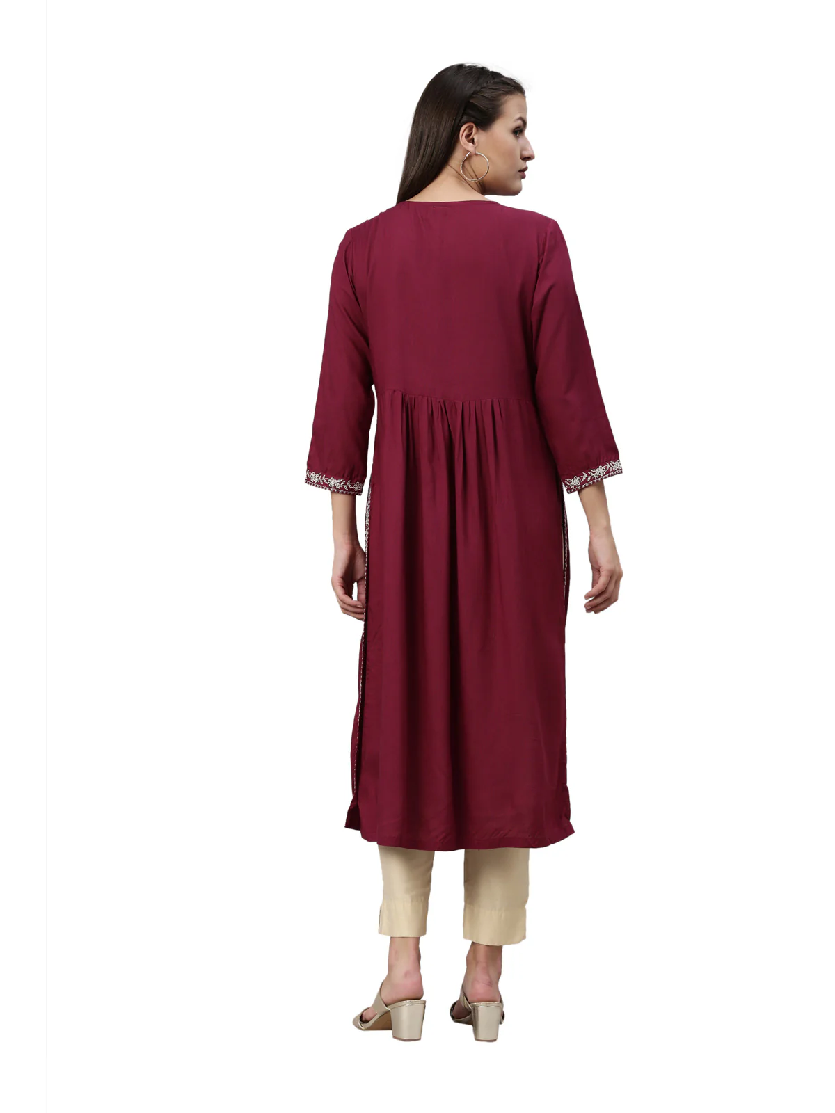 Neerus Wine Color Slub Rayon Fabric Kurta - Image 5