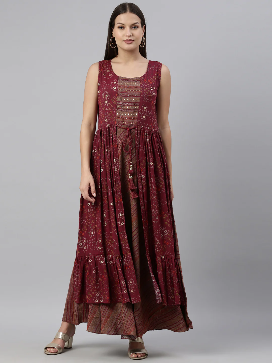 Neerus Wine Color Slub Rayon Fabric Kurta