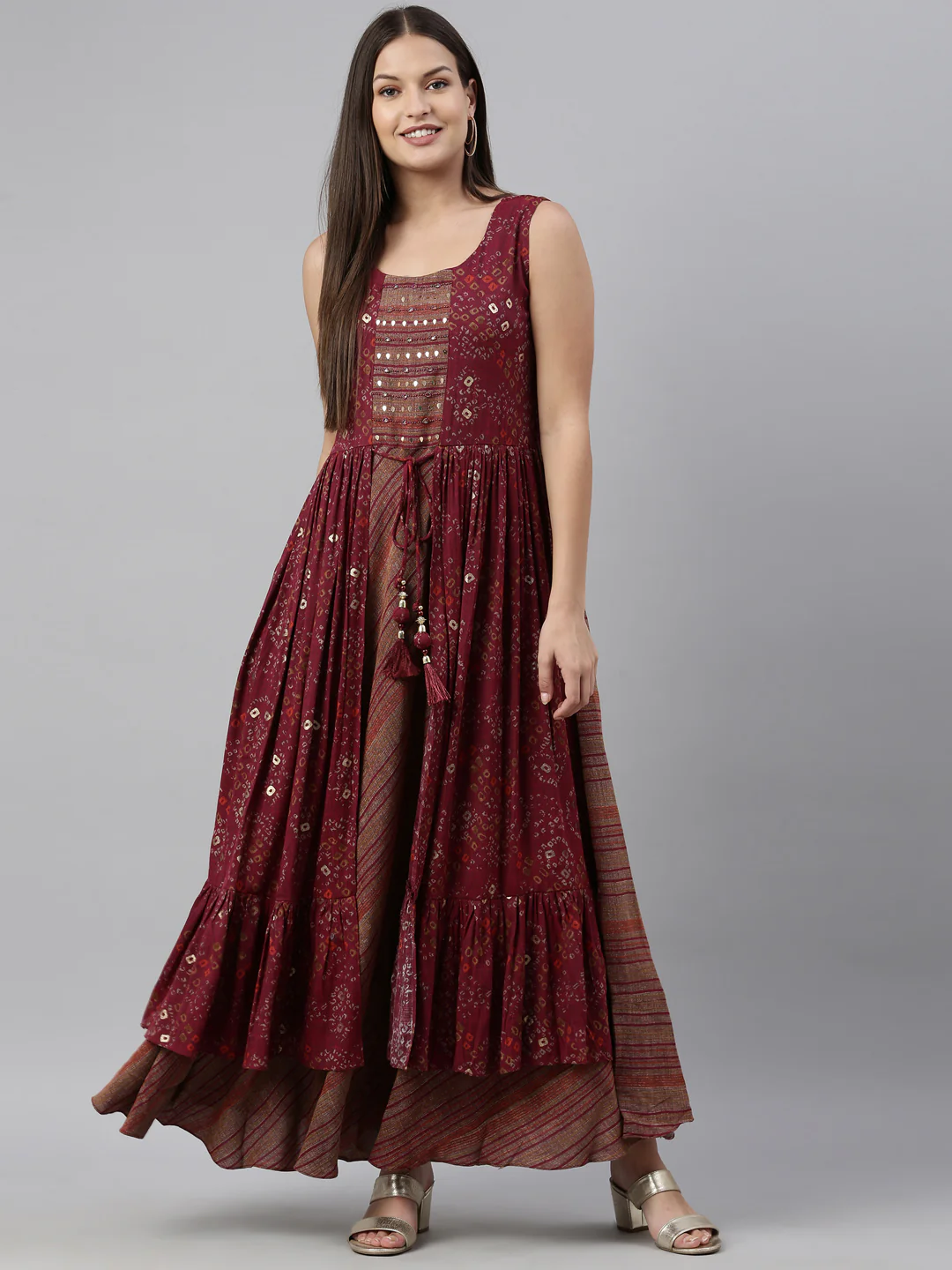 Neerus Wine Color Slub Rayon Fabric Kurta - Image 5