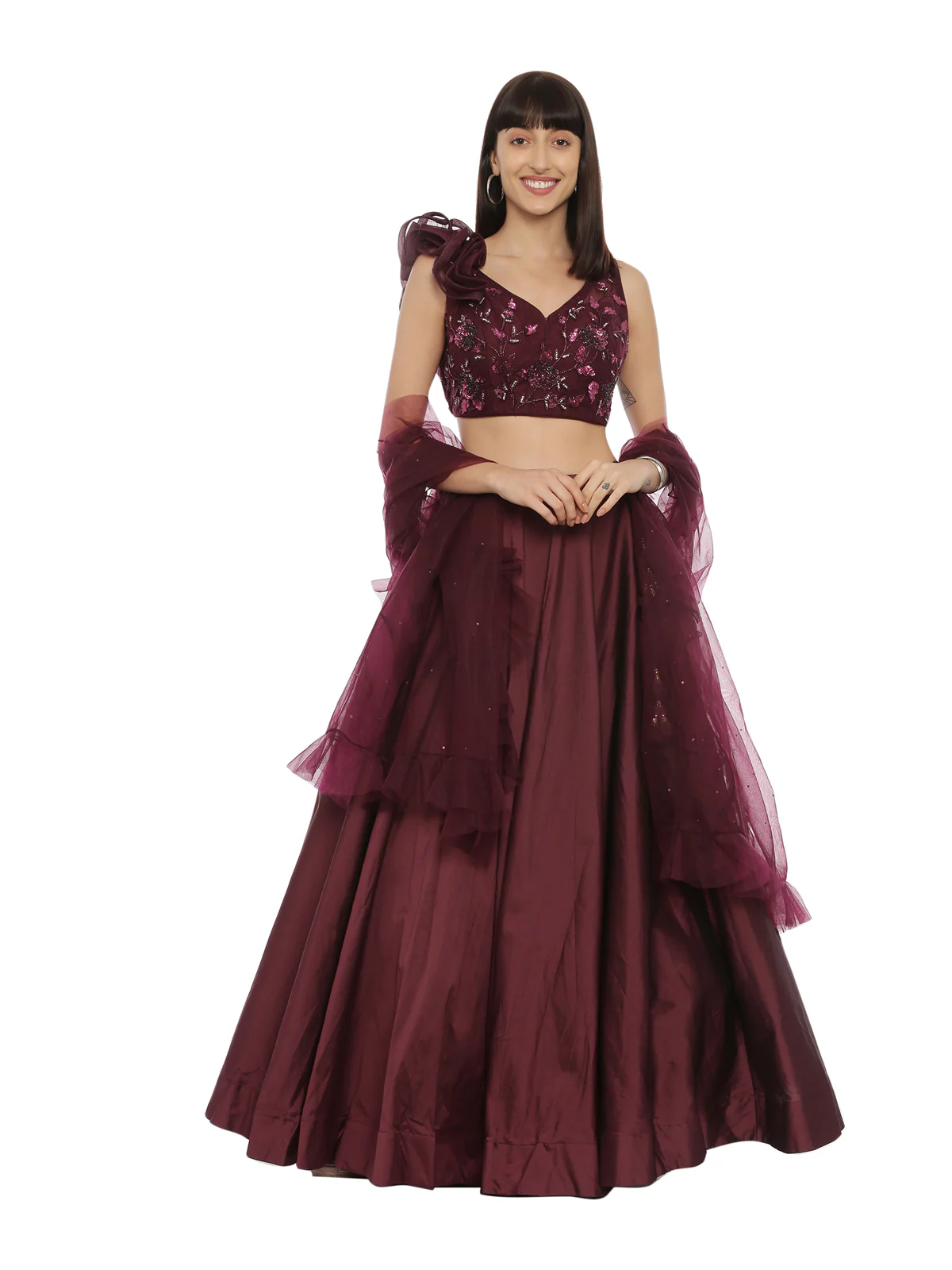 Neerus Wine Color Tuffeta Fabric Ghagra Set - Image 4