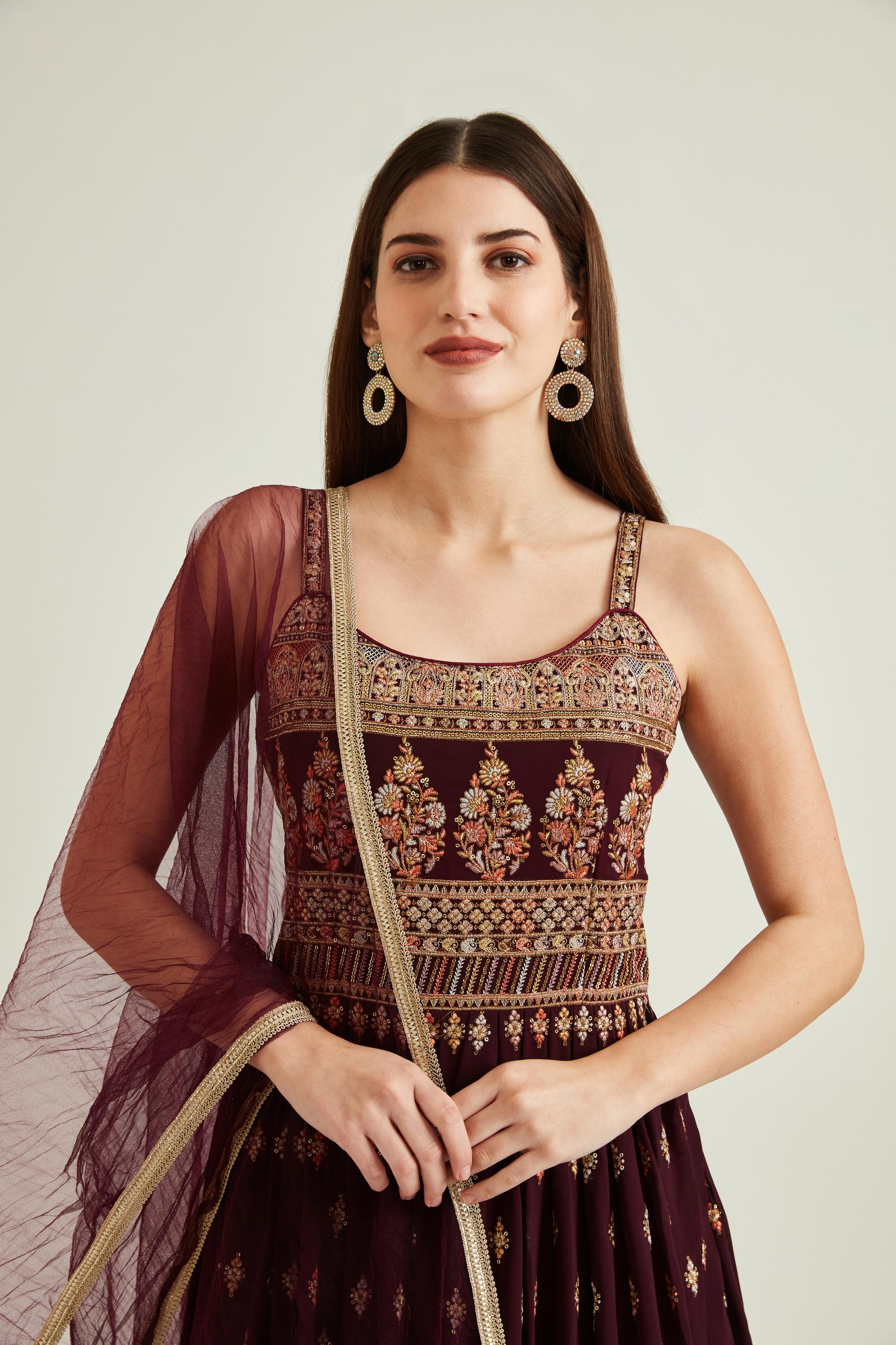 Neerus Wine Colour Georgette Fabric Suit-Anarkali - Image 3