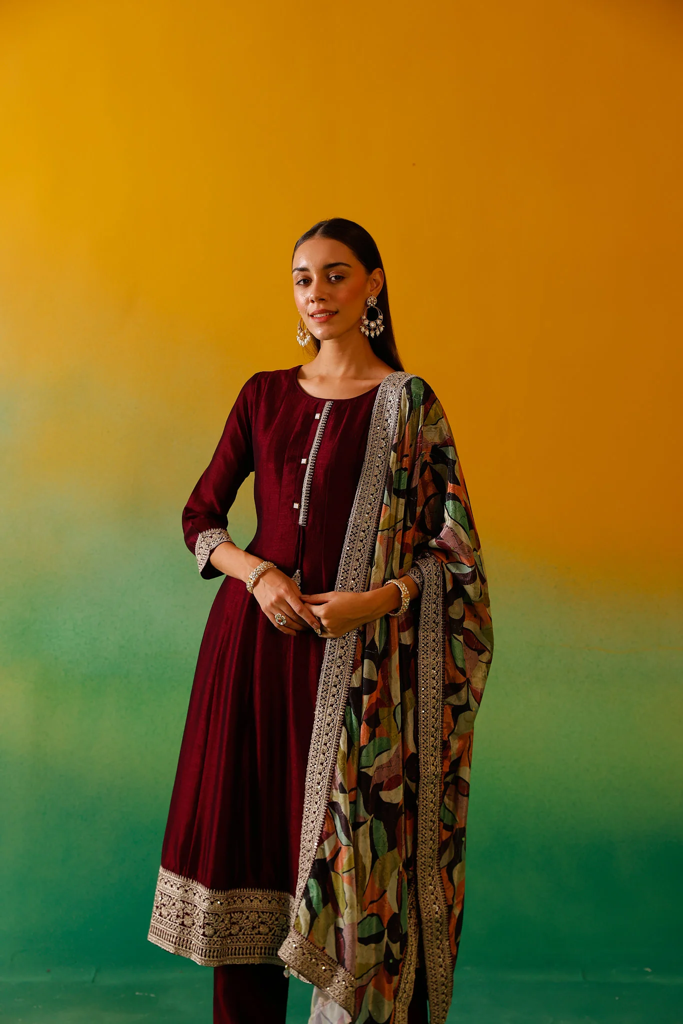 Neerus Wine Embroidery Vichitra Silk Fabric Anarkali Trouser and Dupatta - Image 10