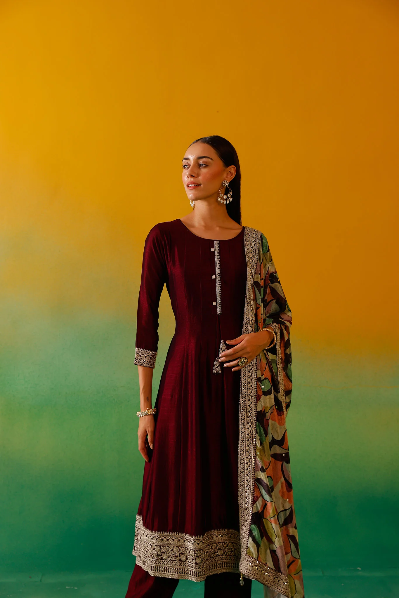 Neerus Wine Embroidery Vichitra Silk Fabric Anarkali Trouser and Dupatta - Image 11