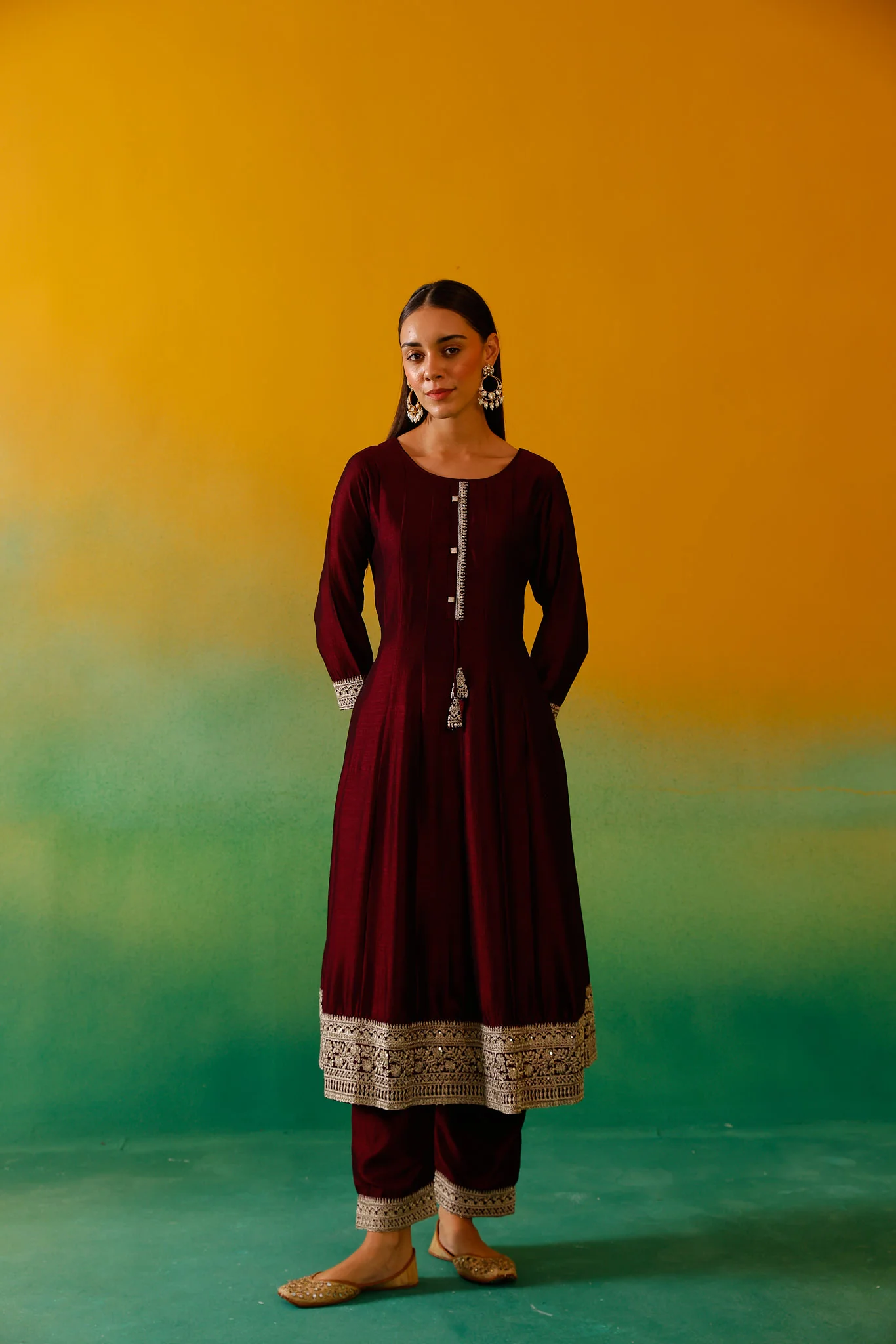 Neerus Wine Embroidery Vichitra Silk Fabric Anarkali Trouser and Dupatta - Image 12