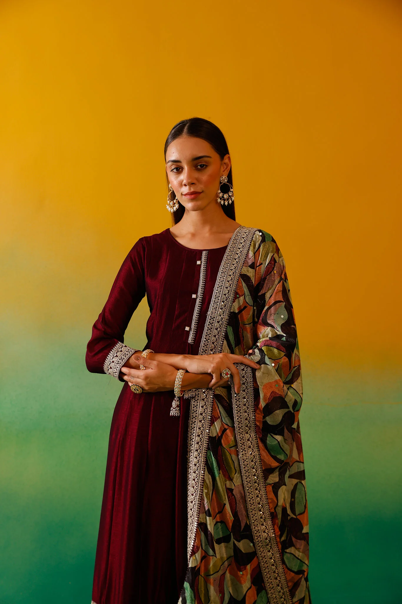 Neerus Wine Embroidery Vichitra Silk Fabric Anarkali Trouser and Dupatta - Image 14