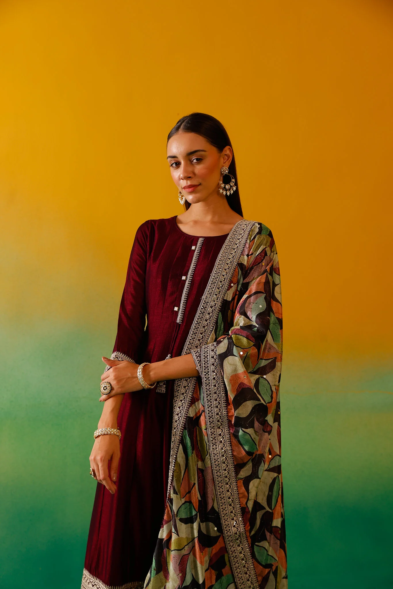Neerus Wine Embroidery Vichitra Silk Fabric Anarkali Trouser and Dupatta - Image 16