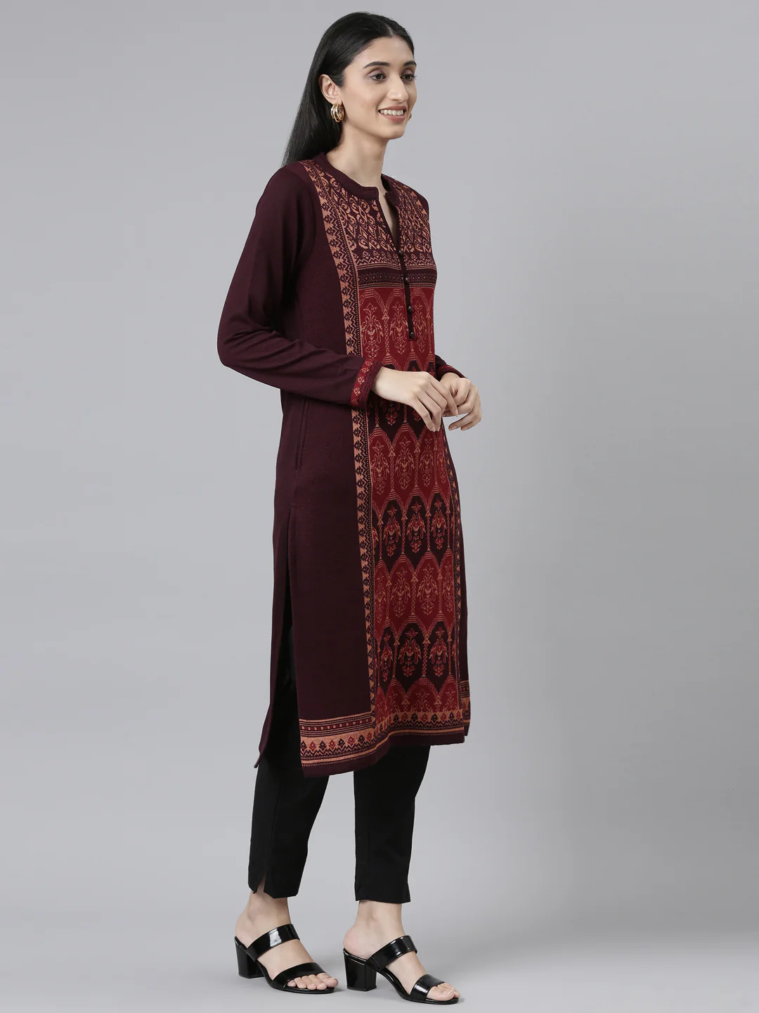 Neerus Winter Wear Woven Design Acrylic Kurta For Women - Image 2