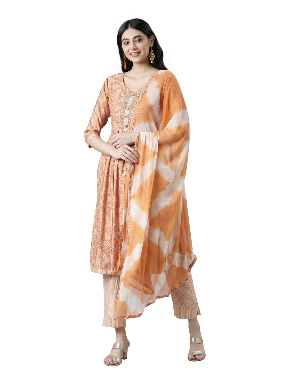 Neerus Women Abstract Printed Pleated Kurta with Trousers & Dupatta