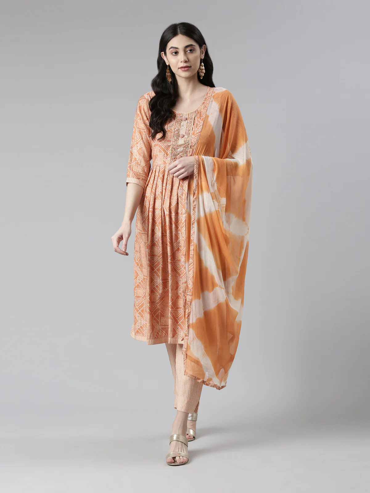 Neerus Women Abstract Printed Pleated Kurta with Trousers & Dupatta - Image 6