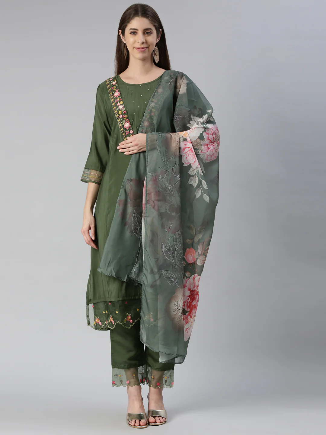 Neerus Women B Green Yoke Design Calf Length Kurta And Trousers With Dupatta