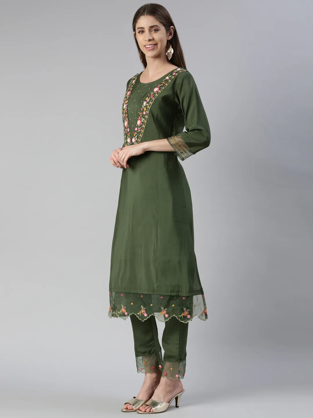 Neerus Women B Green Yoke Design Calf Length Kurta And Trousers With Dupatta - Image 2