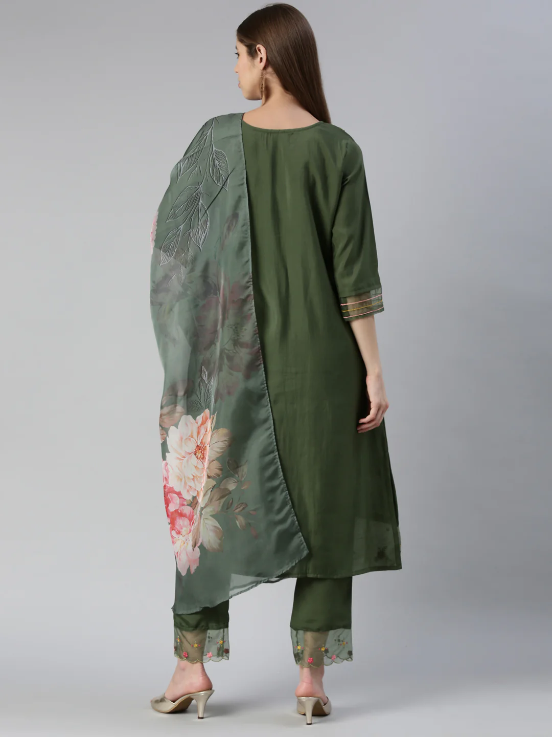 Neerus Women B Green Yoke Design Calf Length Kurta And Trousers With Dupatta - Image 3