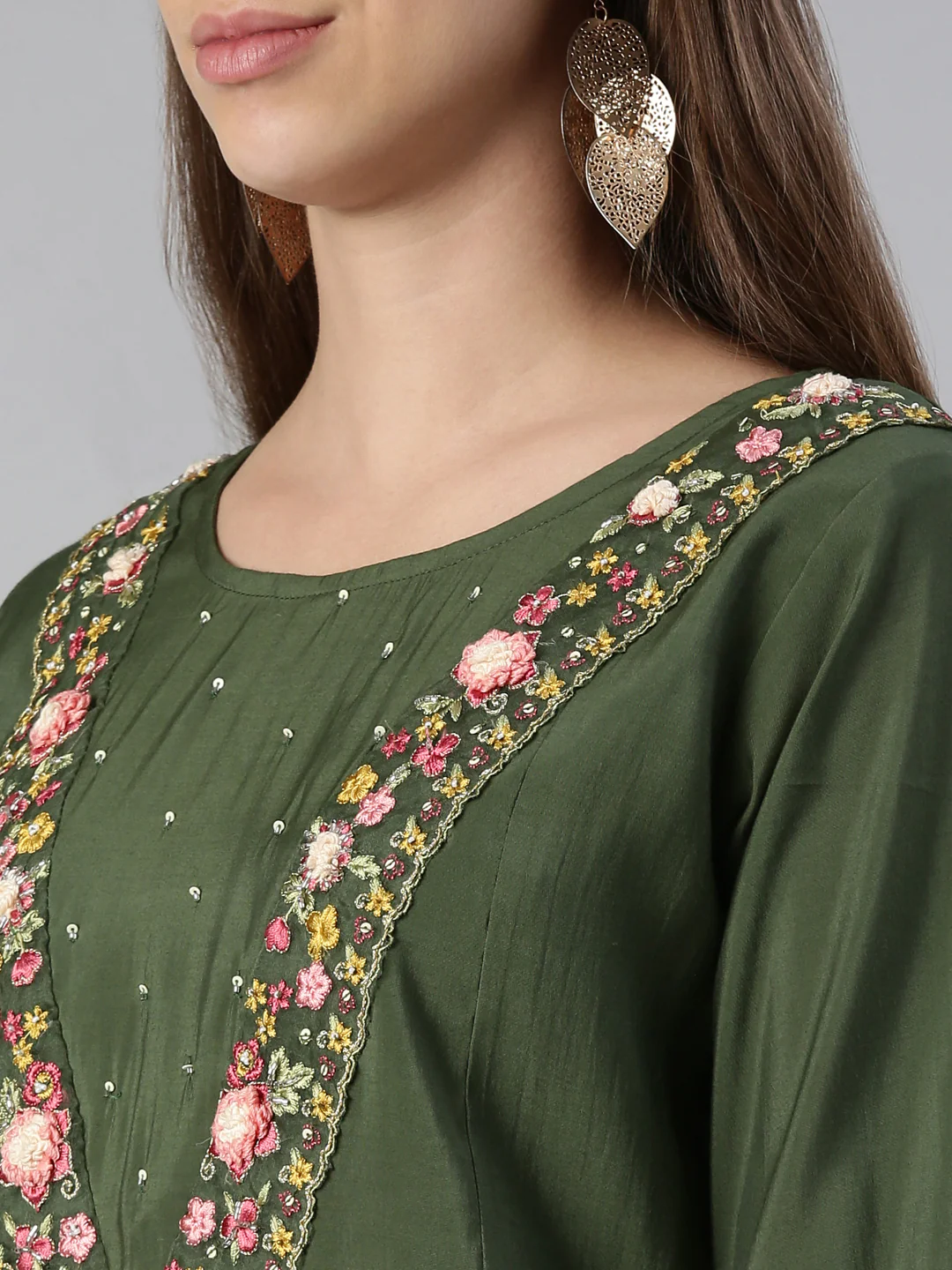Neerus Women B Green Yoke Design Calf Length Kurta And Trousers With Dupatta - Image 4