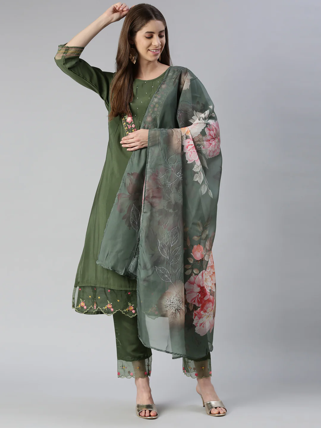 Neerus Women B Green Yoke Design Calf Length Kurta And Trousers With Dupatta - Image 5