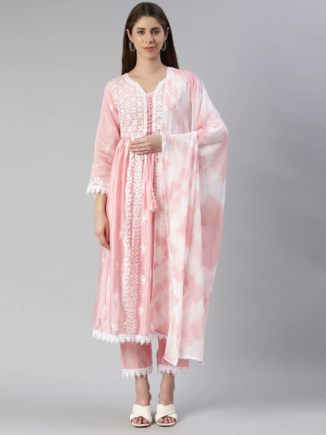Neerus Women Baby Pink Solid Calf Length Kurta And Trousers With Dupatta