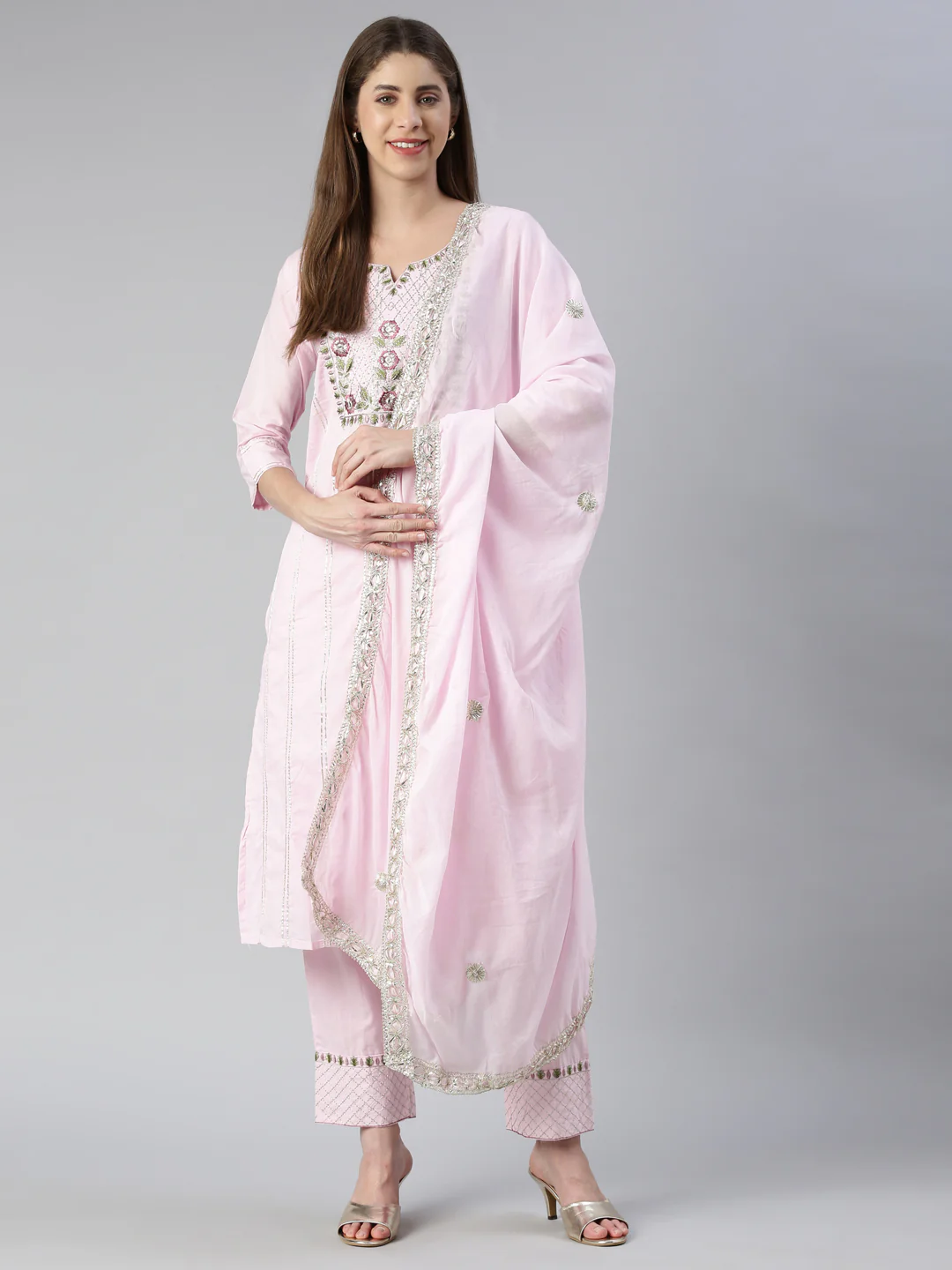 Neerus Women Baby Pink Yoke Design Calf Length Kurta And Trousers With Dupatta