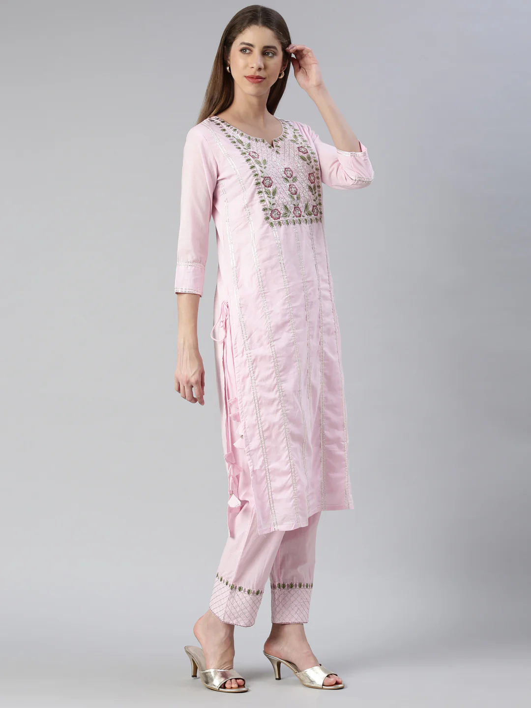 Neerus Women Baby Pink Yoke Design Calf Length Kurta And Trousers With Dupatta - Image 2