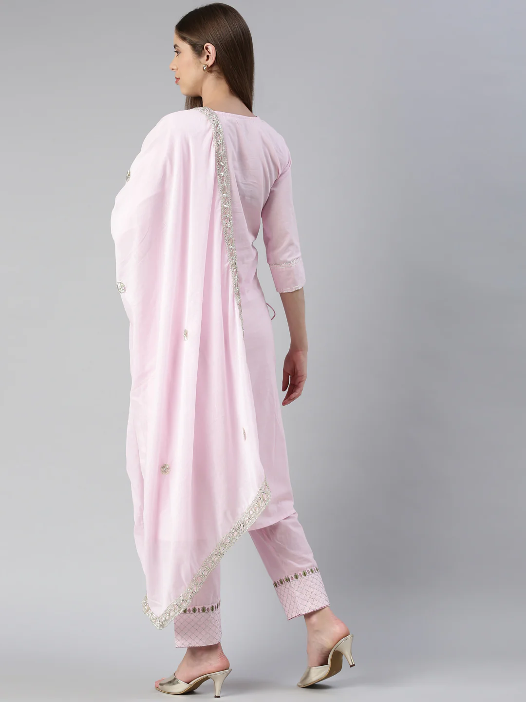 Neerus Women Baby Pink Yoke Design Calf Length Kurta And Trousers With Dupatta - Image 3
