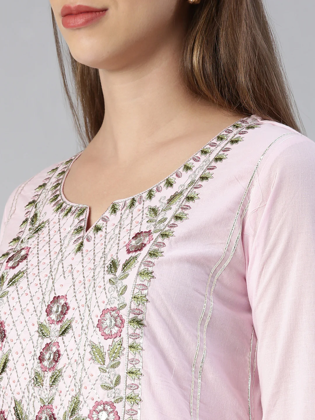 Neerus Women Baby Pink Yoke Design Calf Length Kurta And Trousers With Dupatta - Image 4