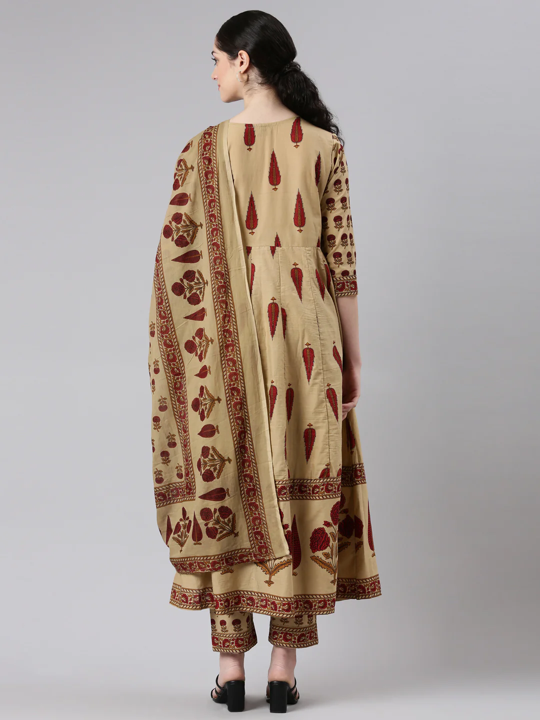 Neerus Women Beige Anarkali Kurta and Trousers With Dupatta - Image 3