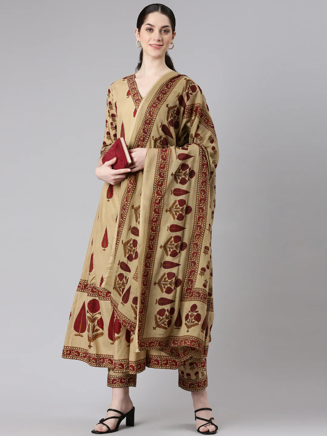 Neerus Women Beige Anarkali Kurta and Trousers With Dupatta - Image 5