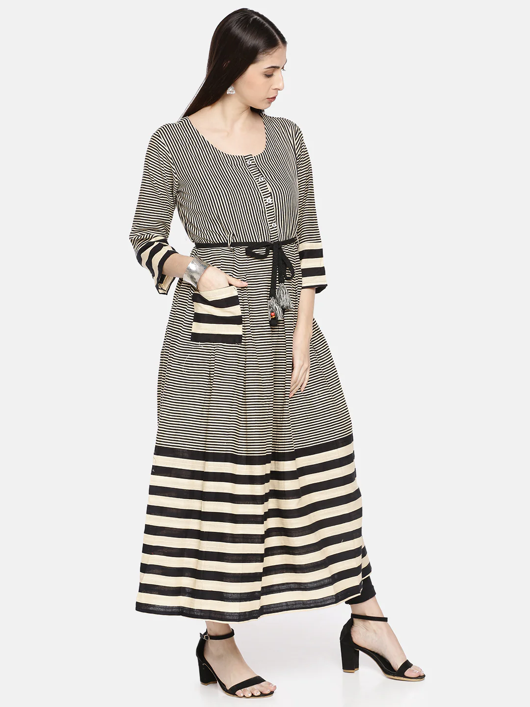Neerus Women Beige Black Striped A-Line Kurta - Image 3