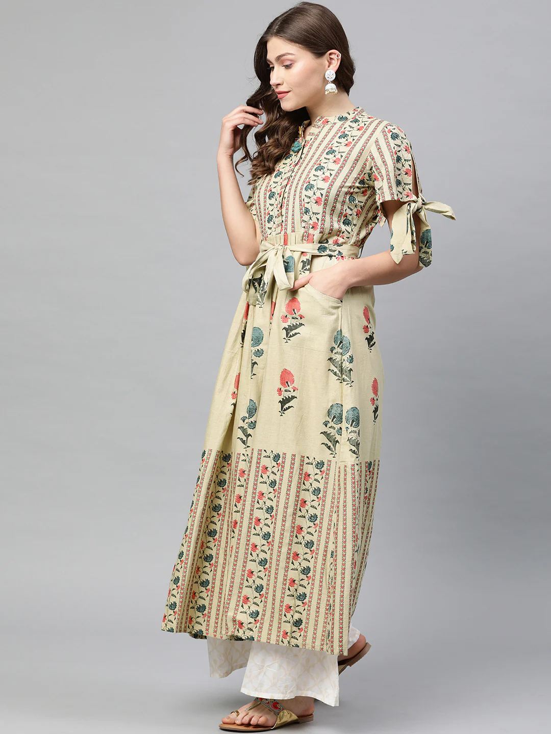 Neerus Women Beige Blue Printed Tie-Up Sleeve A-Line Kurta - Image 3
