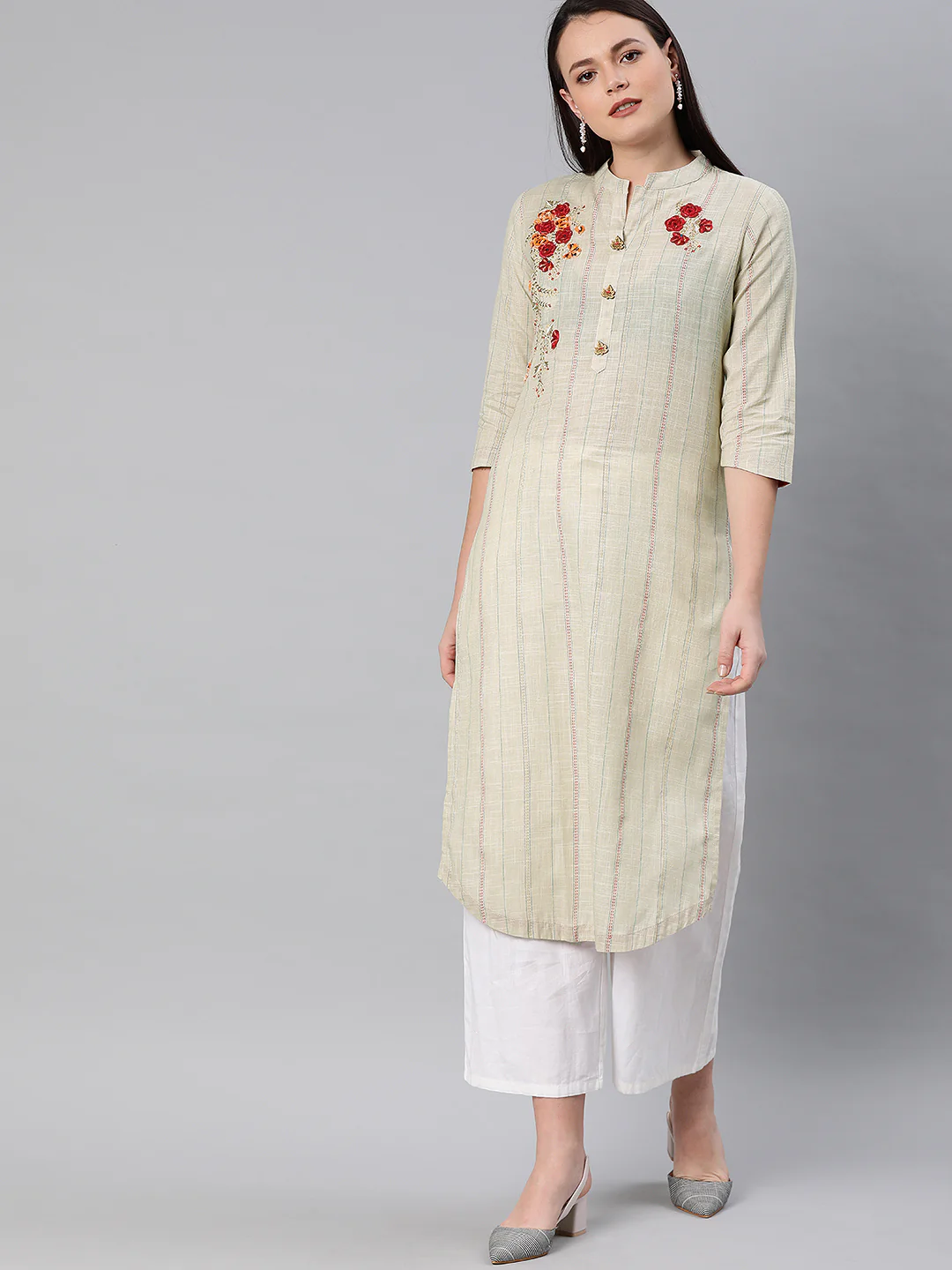 Neerus Women Beige Blue Striped Straight Kurta With Applique Detail