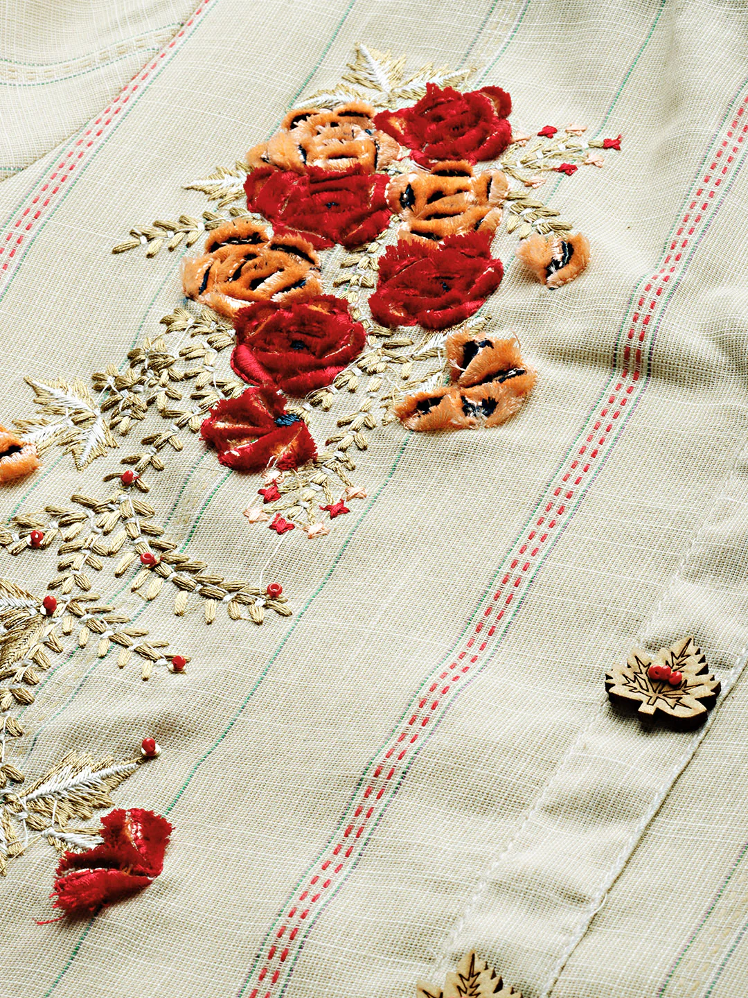 Neerus Women Beige Blue Striped Straight Kurta With Applique Detail - Image 2