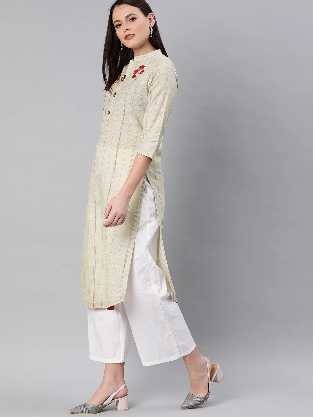 Neerus Women Beige Blue Striped Straight Kurta With Applique Detail - Image 3