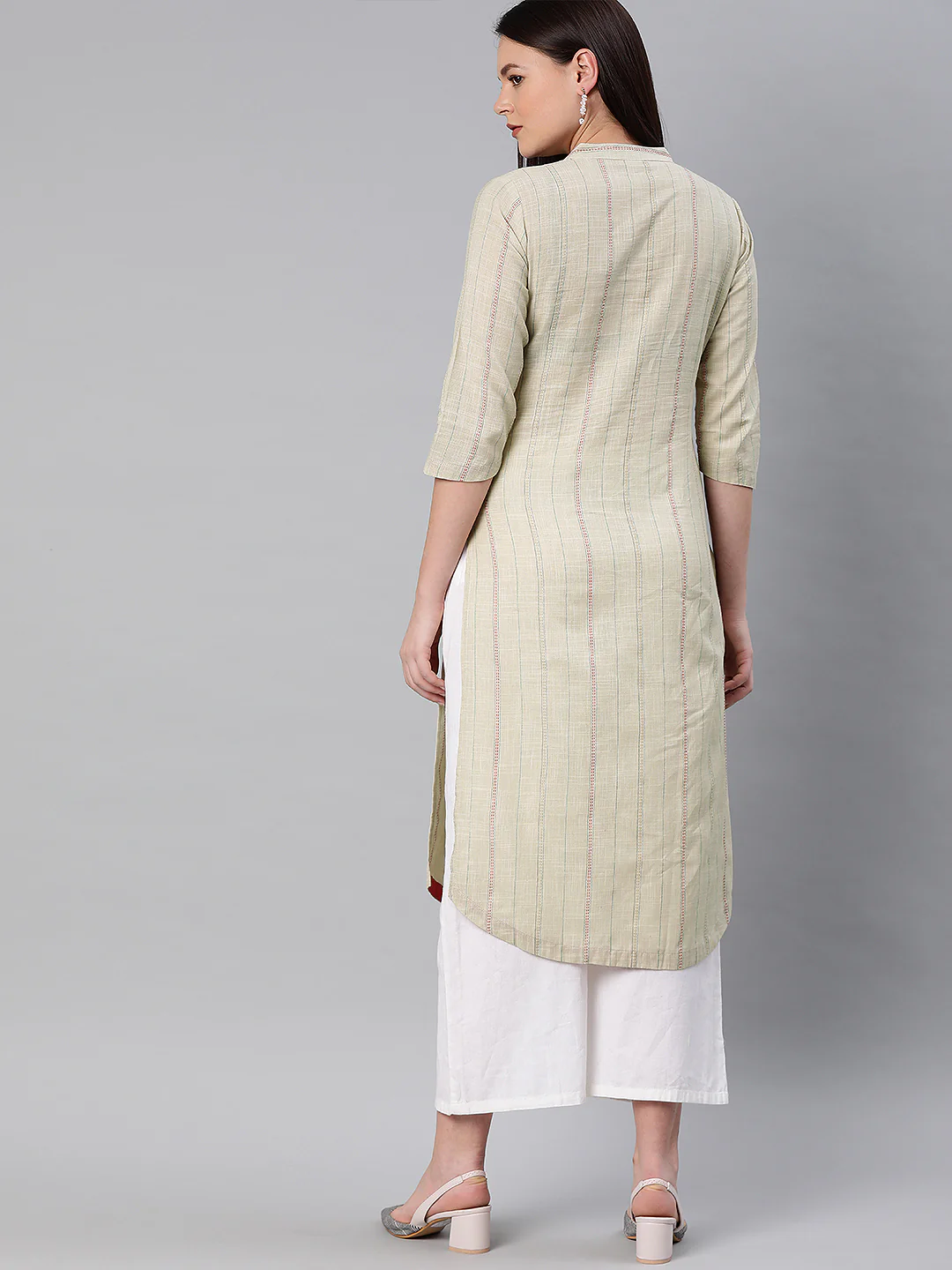 Neerus Women Beige Blue Striped Straight Kurta With Applique Detail - Image 4
