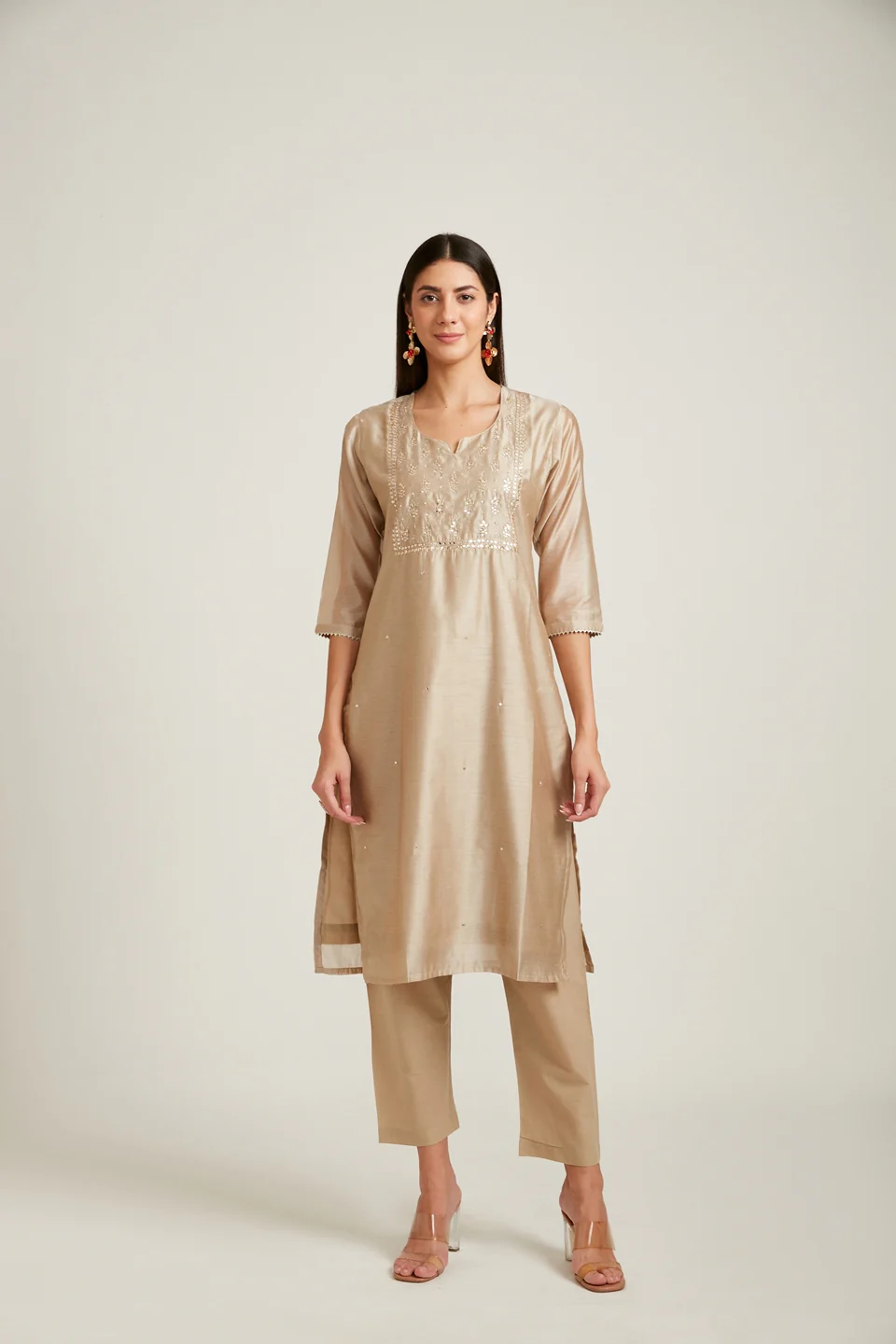 Neerus Women Beige Chanderi Silk Kurta with Trousers With Dupatta - Image 4