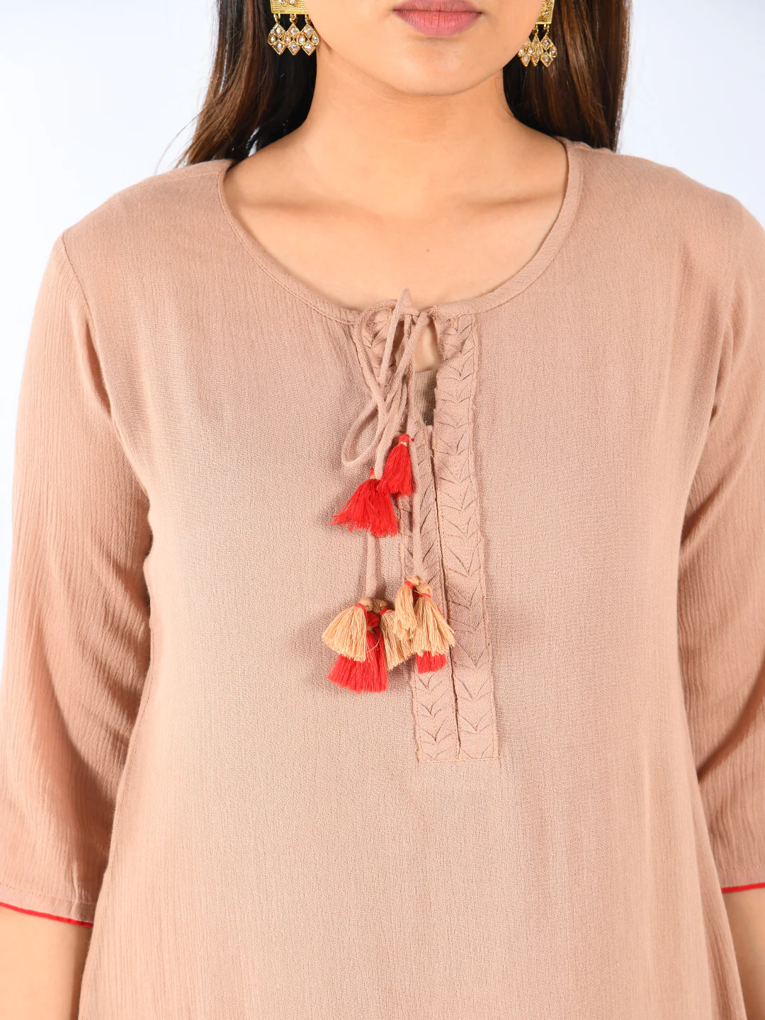 Neerus Women Beige Color Chiffon Fabric Double Shirt - Image 5